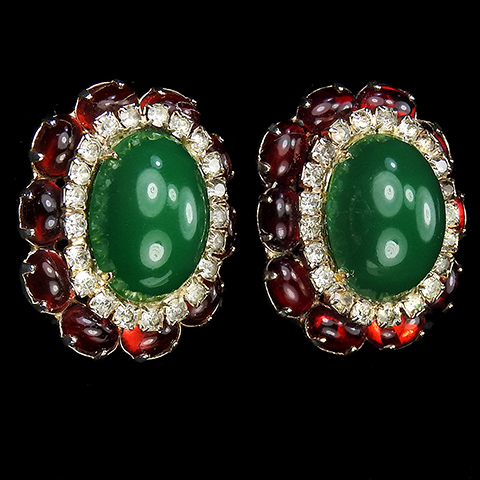 Hattie Carnegie Jewels of India Style Påve Oriental Rubies and Oval Emerald Cabochons Clip Earrings