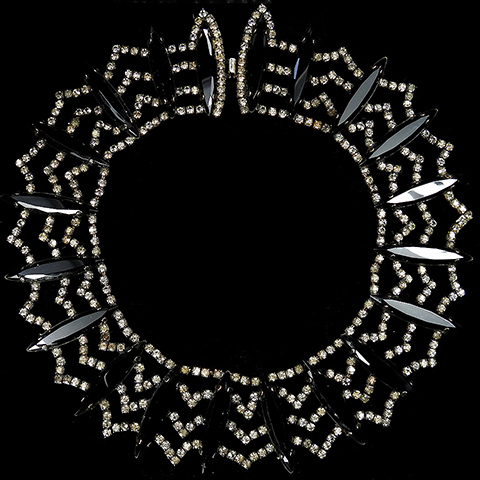Hattie Carnegie Giant Onyx Navettes and Black Diamond Chevrons Spider Web Collar Necklace