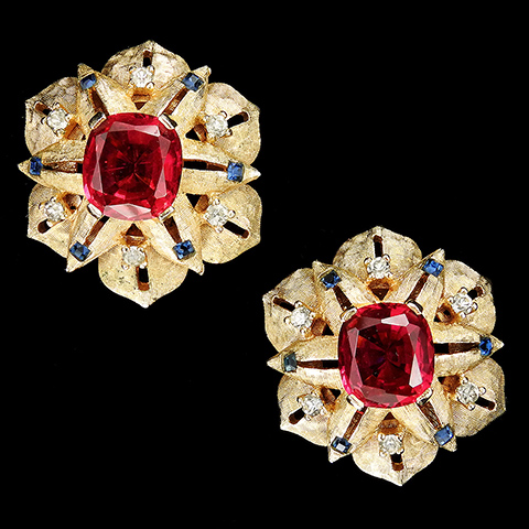 Jomaz 'Maharanee' Gold Sapphire and Ruby Moghul Style Clip Earrings