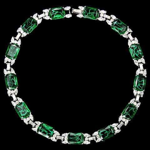 Jomaz Diamante Navettes and Baguettes and Table Cut Flawed Emeralds Choker Necklace