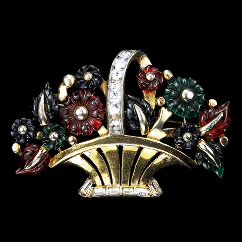 Mazer Gold and Pave Openwork Seven Flowers and Five Leaves Tricolour Fruit Salad Flower Basket Pin