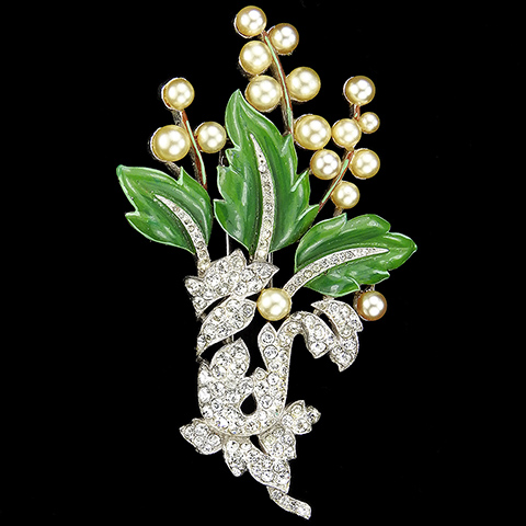 Trifari 'Alfred Philippe' Pave Pearls and Enamel Flower with Green Leaves and Mistletoe Pin Clip