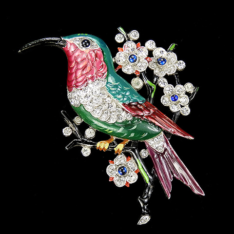 Trifari 'Alfred Philippe' Pave and Enamel Hummingbird with Flowers on a Branch Bird Pin Clip