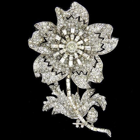 Trifari 'Alfred Philippe' Large Pave and Baguettes Rose Flower Pin Clip