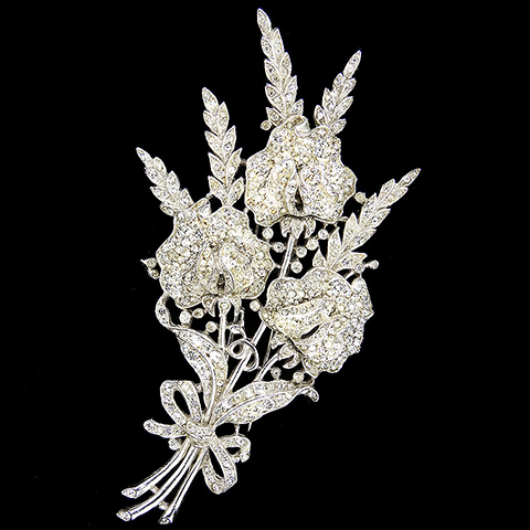 Trifari 'Alfred Philippe' Pave Triple Floral Spray Three Flowers with Bow Pin Clip