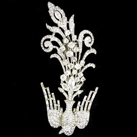 Trifari Sterling 'Alfred Philippe' Pave Chatons Navettes and Baguettes Giant Swooping Lyre Bird of Paradise Pin Clip