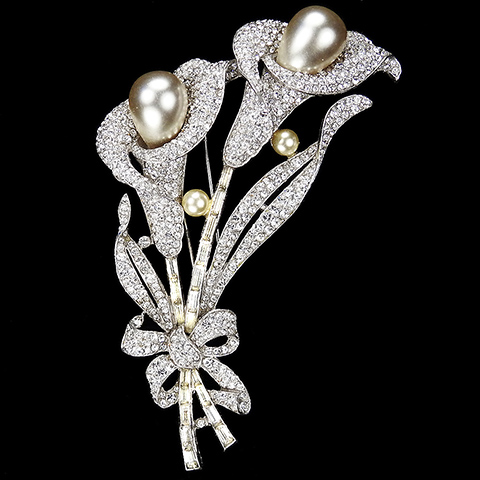 Trifari 'Alfred Philippe' Pave Baguettes and Pearls Double Calla Lily with Bow Flower Pin Clip