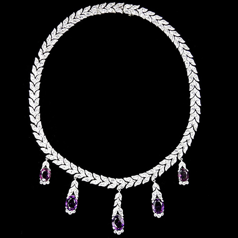 Trifari 'Alfred Philippe' Pave Leaf Chain and Five Pendant Amethysts Choker Necklace