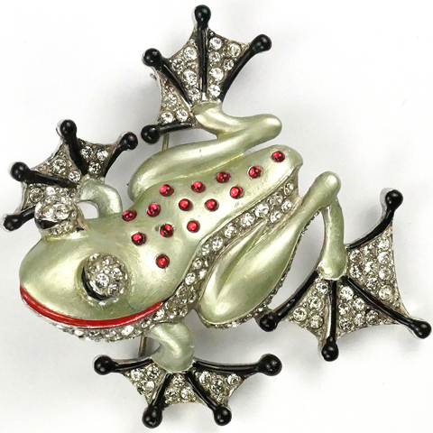MB Boucher Pave, Metallic Enamel, and Ruby Cabochons Tree Frog Pin
