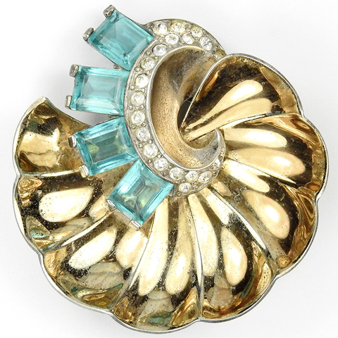 MB Boucher Sterling Square Cut Aquamarine Swirl Golden Seashell Pin Clip