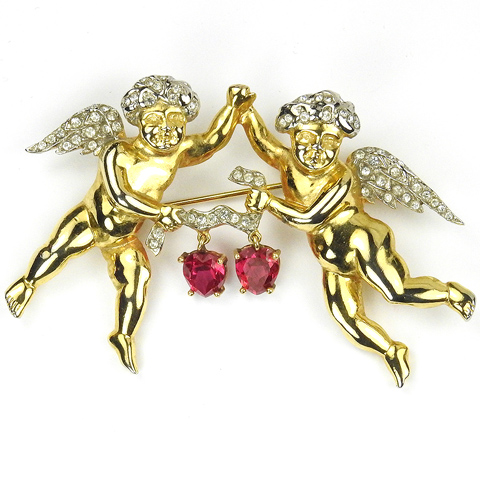 MB Boucher Gold and Pave Pair of Putti Cherubs Holding a Ribbon with Two Pendant Ruby Hearts Pin