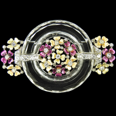 MB Boucher Metallic Enamel Flowers and Crystal Circle Deco Bar Pin