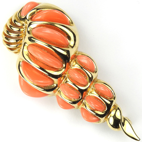 Boucher Vertically Set Coral Demilunes Golden Seashell Pin