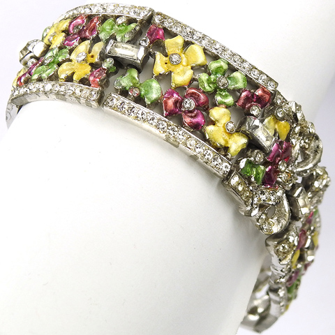 MB Boucher Pastel Metallic Enamel Flowers and Pave Bows Link Bracelet