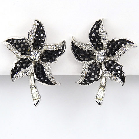 Boucher Pave Baguettes and Black Lattice Starflower Clip Earrings