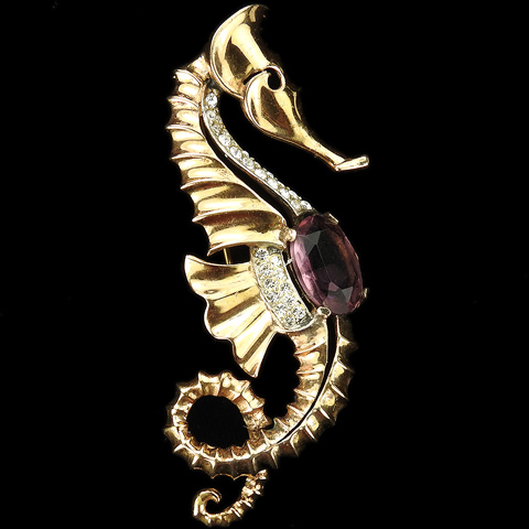 MB Boucher Sterling Gold Pave and Amethyst Seahorse Pin