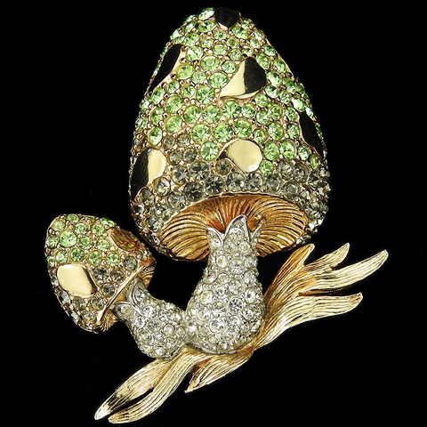 Boucher Gold Pave Peridot and Black Diamonds Double Mushrooms Pin