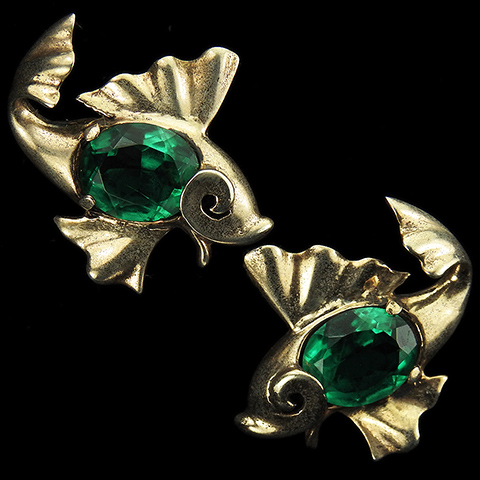 MB Boucher Sterling Gold and Emerald Fish Screwback Earrings
