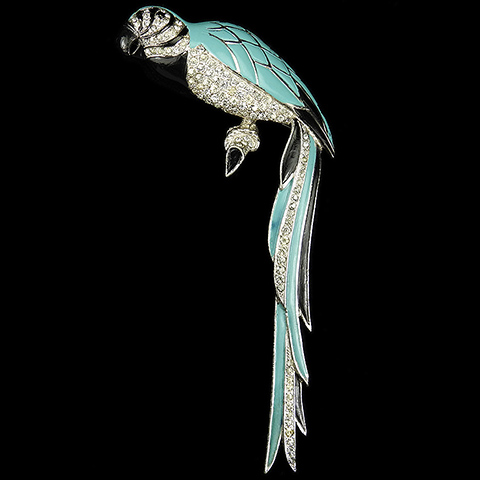 MB Boucher Pave and Turquoise Blue and Black Enamel Giant Perching Parrot Bird Pin