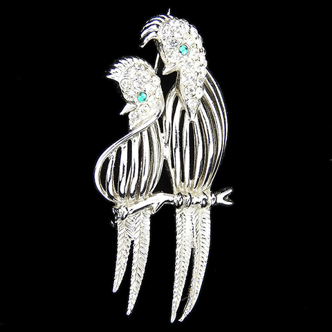 Boucher Pave Pair of Silver Parakeet Lovebirds on a Branch Birds Pin