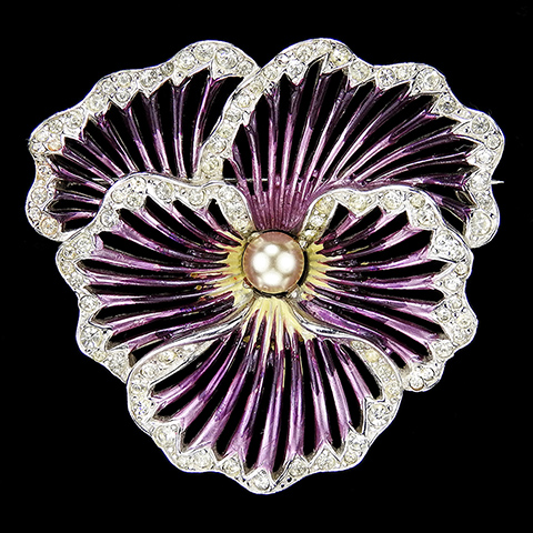 Boucher Pave Purple Metallic Enamel and Pearl Pansy Pin