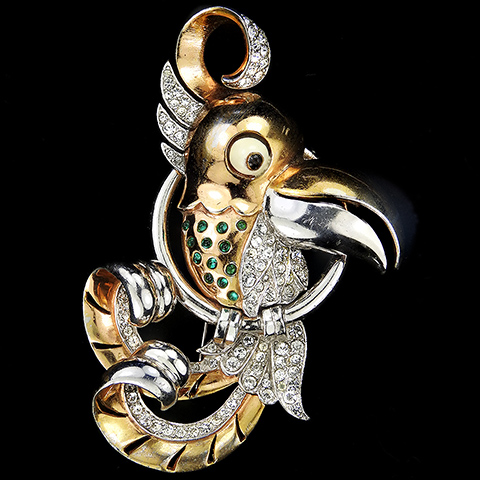 MB Boucher Pave Enamel Yellow and White Gold Giant Aztec Parrot or Toucan Swinging on a Ring Bird Pin Clip
