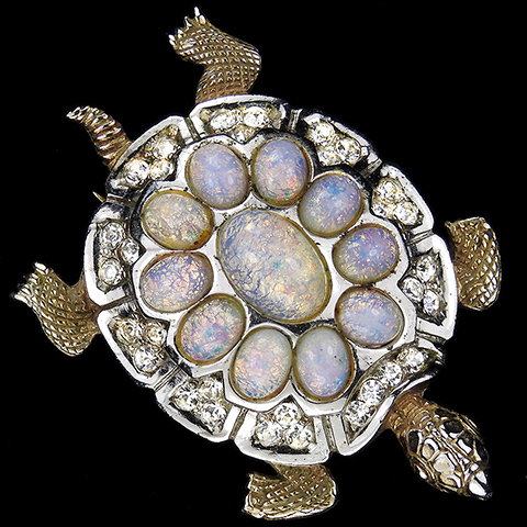 MB Boucher Gold Pave and Opal Cabochons Large 'Papa' Turtle Pin Clip