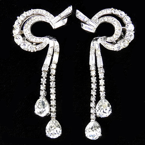 Boucher Pave and Baguette Crescent Swirls Sinuous Double Pendants Clip Earrings