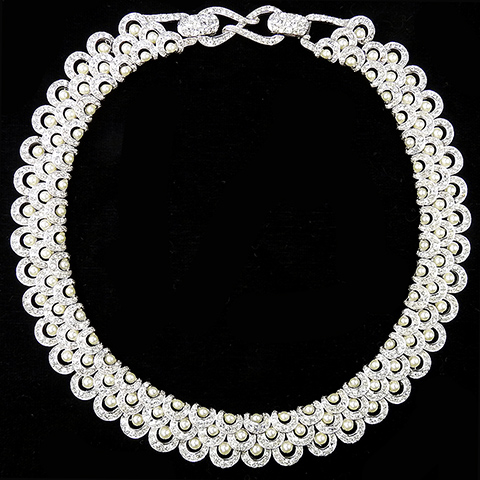 Boucher Triple Rows of Graduated Pave Crescents and Inset Pearls Openwork Choker Necklace