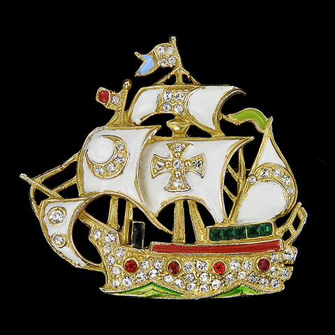 Staret Gold Pave Enamel and Invisibly Set Emeralds Santa Maria Sailing Ship Pin