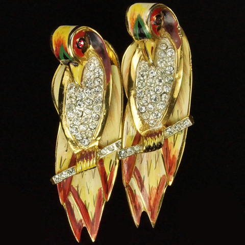 Corocraft Sterling Gold Pave and Enamel Pair of Stylized Love Birds on Branch Pin Clip Duette