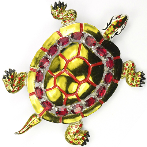 Coro Gold Metallic Enamel and Rubies Giant Turtle Pin