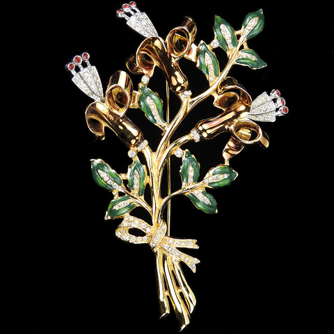 Coro Gold Pave and Enamel Giant Trembler Triple Lily Flower Pin