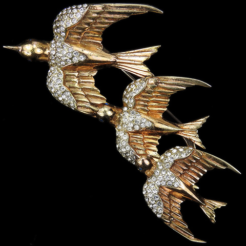 Corocraft Sterling Gold and Pave Three 'Heavenly Swallows' Three Bird Pin Clips or Triquette Pin