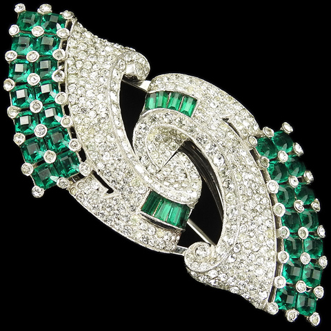 Coro Pave and Emerald Deco Swirls Dress Clip Duette