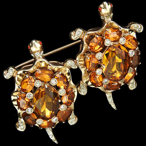 Coro Sterling Gold and Topaz Spangled Turtles Pin Clip Duette