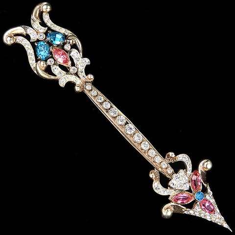 Corocraft Sterling Gold Pave Aquamarine and Pink Topaz Giant Arrow Pin
