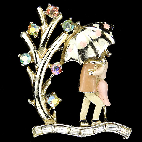 Coro Aurora Borealis and Enamel Lovers under a Polka Dot Umbrella Kissing Couple Pin