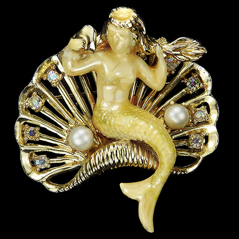 Coro Gold Enamel Pearls and Aurora Borealis Stones Mermaid Looking in a Mirror Sitting on a Seashell Pin