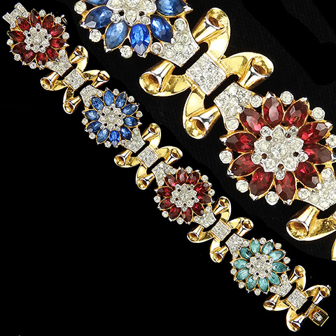 Corocraft Gold and Pave Scrolls and Ruby, Sapphire and Aquamarine Flowers Bracelet