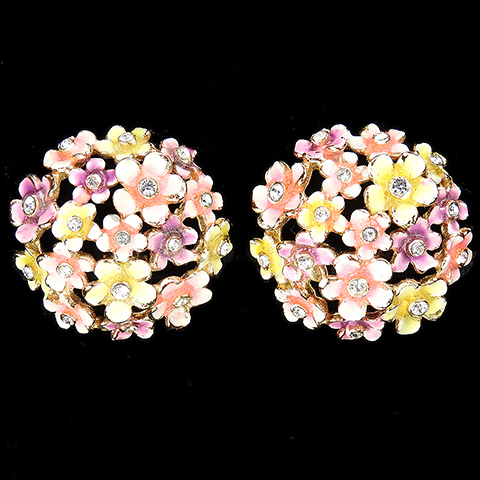 Corocraft Spangles and Pink and Yellow Enamel Circular Flower Posy Button Clip Earrings
