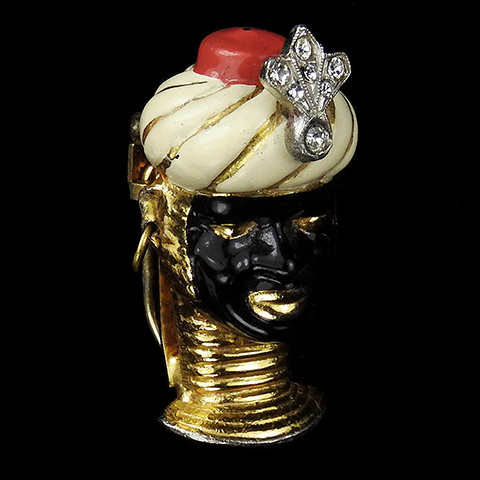 Coro Gold and Enamel Blackamoor Ubangi Prince with Headdress Pin Clip