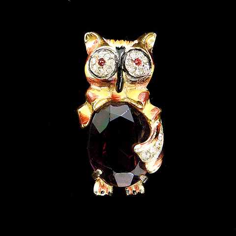 Corocraft Sterling Amethyst and Enamel Miniature Owl Bird Pin Clip