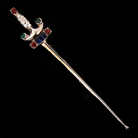 Coro Sterling Gold Pave and Tricolour Stones Rapier Sword Pin