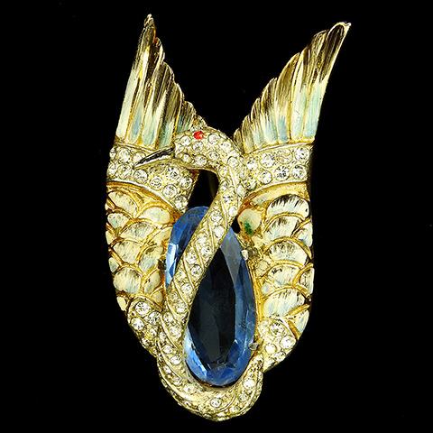 Corocraft Sterling Pave Sapphire Crystal and Enamel White Swan Bird Pin