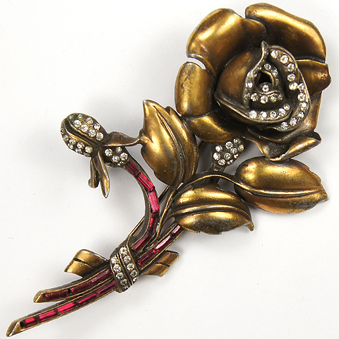 Gold Pave and Ruby Baguettes Deco Rose Flower Pin