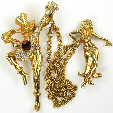 Kreisler 'Morris Paschman' Harlequin Playing Guitar and 'Kurt Speck' Dancing Girl Chatelaine Pins