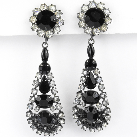 Les Bernard Diamante and Onyx Teardrop Pendant Clip Earrings