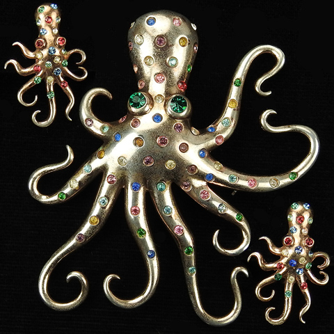 Anthony Sterling Gold and Multicolour Stones Octopus Pin and Screwback Earrings Set