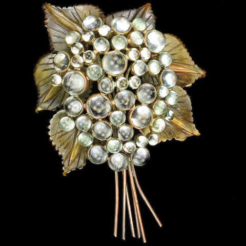 Giant 'Jewels of Fantasy' Bakelite Leaves and Glass Crystal Spheres Jelly Belly Flower Floral Spray Pin